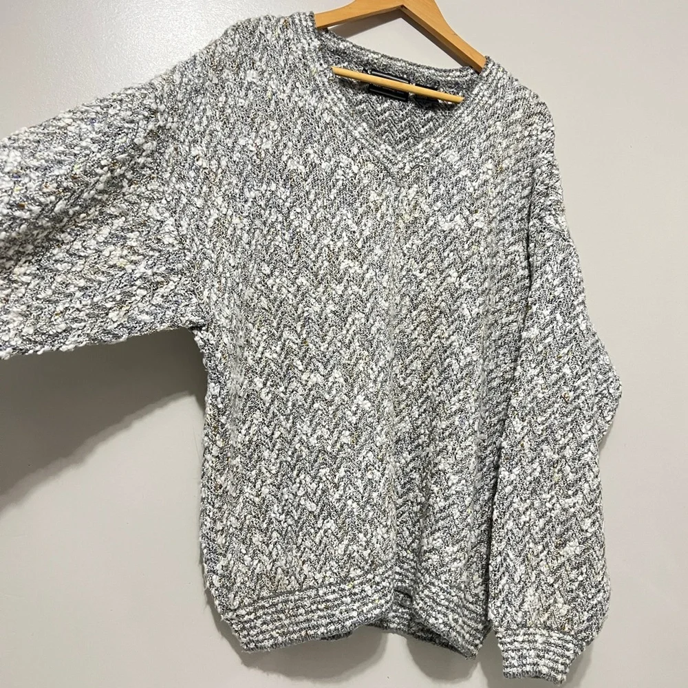 Leo Chevalier Oversized Chevron Knit V-Neck Sweater Grey White Marl Pullover 2XL - Picture 8 of 12